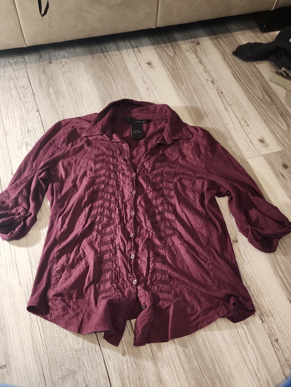 Womens Button-Front Ruffled Blouse - Burgundy